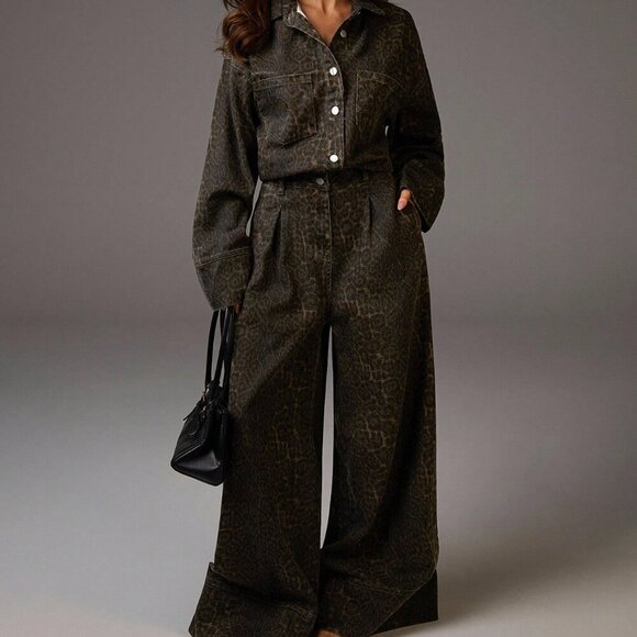 Pants - Casual Women's leopard Long Sleeve Button Pocketed Wide Leg jumpsuit
